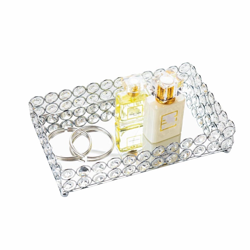 Feyarl Crystal Perfume Tray Cosmetic Makeup Vanity Tray Jewelry Trinket Rings Earrings Organizer Decorative Tray Storage for Home Deco Wedding Dresser Tabletop Girl Women Gift(10" x 6 "Silver) - Image 1